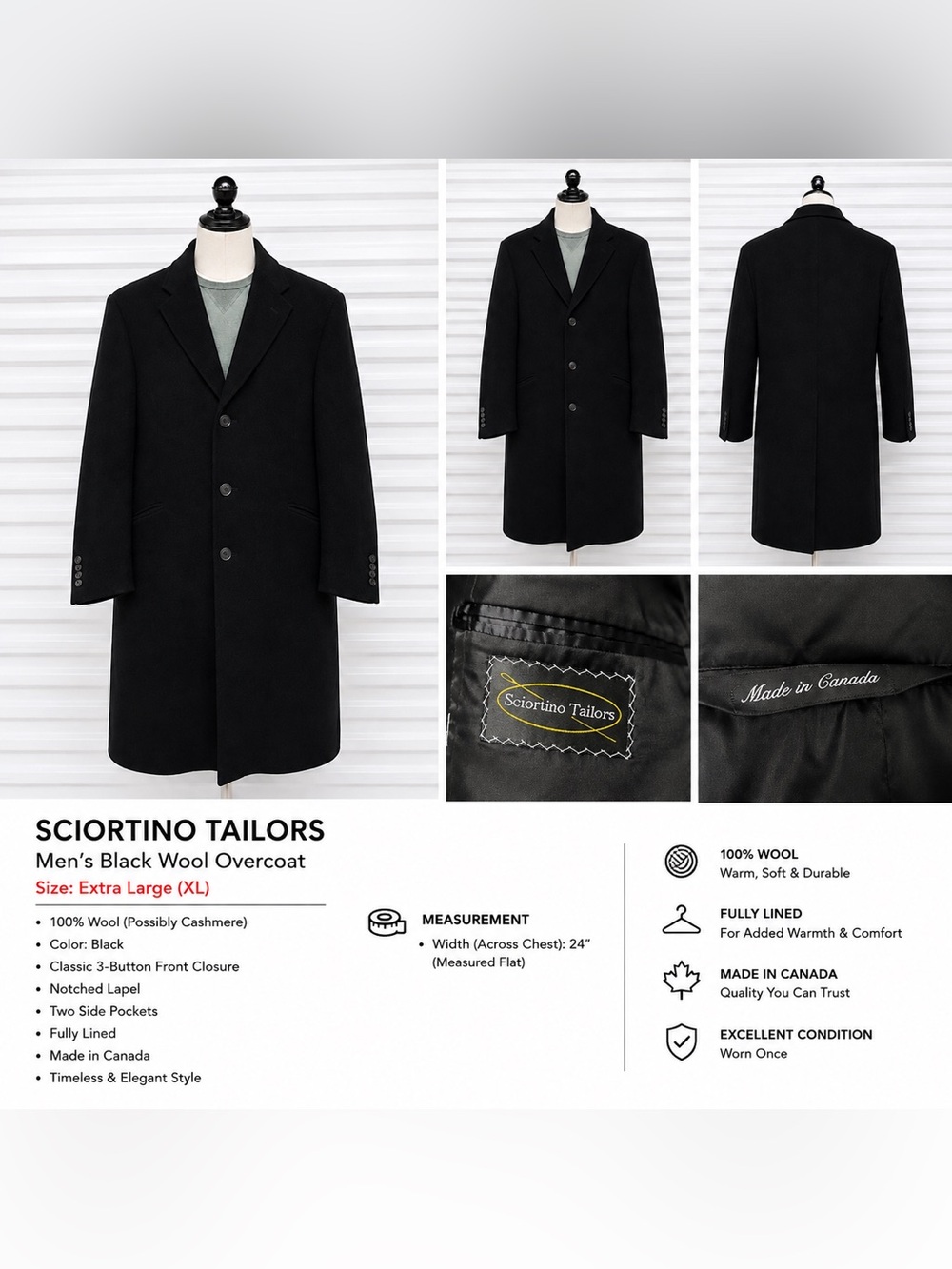 HIGH QUALITY- Men's Black Single-Breasted 💯 Wool Overcoat